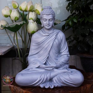 Silver Buddha Statue: 20.5&quot; Handcrafted Resin Shakyamuni Sculpture