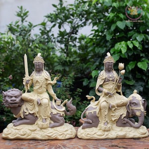 Resin Bodhisattva Statue Set: Manjushri Lion & Samantabhadra Elephant - Zen Decor