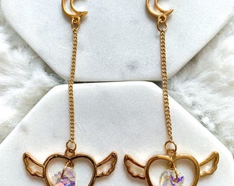 Gold Angel Wing Heart Earrings: Iridescent Celestial Dangle