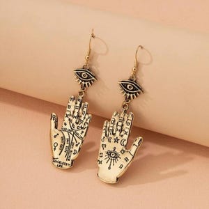 Palmistry Hand Earrings – Occult Eye Dangle Jewelry, Tarot Witch Aesthetic, Mystical Gold Statement Earrings
