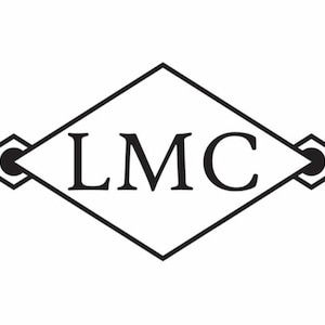 May include: A black and white logo featuring the letters "LMC" inside a diamond shape. The diamond is outlined in black, with small circular accents on each side. The logo is simple and modern.