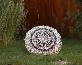 Boho Mandala Floor Pillow Cover with Pom Poms, 28 inch (Cover Only)