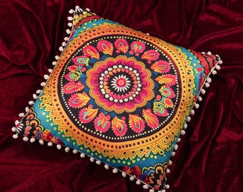 Bohemian Mandala Pillow Cover with Pom Poms, Colorful Throw Cushion (18x18 inch 45x45 cm)