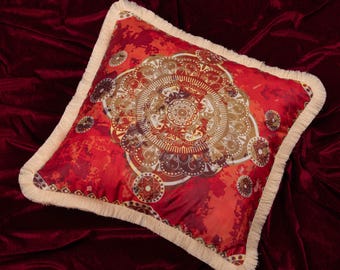 Red Mandala Fringe Pillow Cover, Bohemian Christmas Cushion, Holiday Decor (18x18 inch)