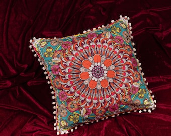 Orange Bohemian Mandala Pillow Cover with Pom Pom Trim (18x18 inch 45x45 cm)