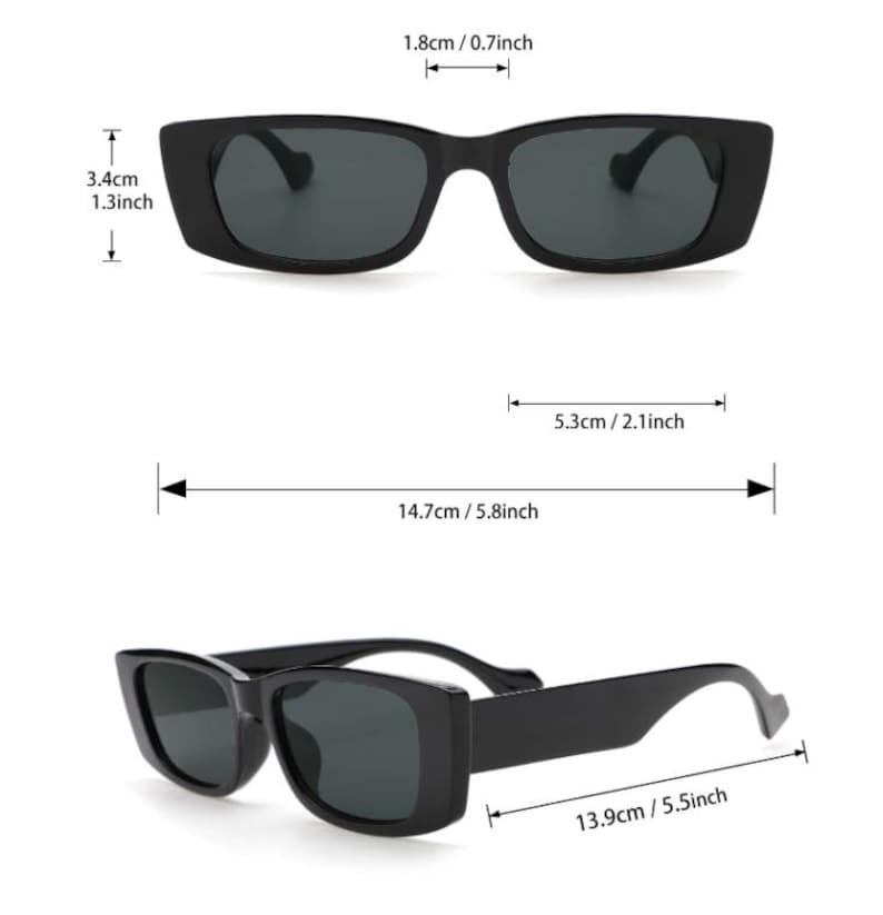 May include: Black rectangular sunglasses with dark lenses. The frame measures 5.8 inches wide, 1.3 inches high, and 5.5 inches long. The lenses are 2.1 inches wide. The bridge is 0.7 inches wide.