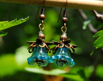 Turquoise Blue Flower Earrings with Vintage-Inspired Copper Accents