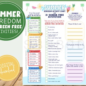 Könnte beinhalten: Ein weißes, druckbares Aktivitätsblatt mit dem Titel Summer Boredom Activity Chart and 21 Screen Free Activities. Es enthält farbige Abschnitte für aktive, kreative und hilfreiche Aufgaben sowie leere Felder für persönliche Ziele und Notizen.