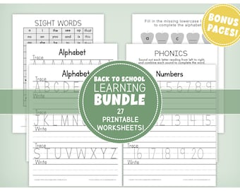 May include: A set of 27 printable worksheets for early learning, featuring sight words, alphabet tracing, phonics, and number practice. The worksheets are white with black text. A green circular graphic reads "Back to School Learning Bundle".