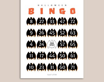 Gra w bingo na Halloween: projekt czarnego nietoperza, 100 unikalnych kart (pobierz plik PDF)