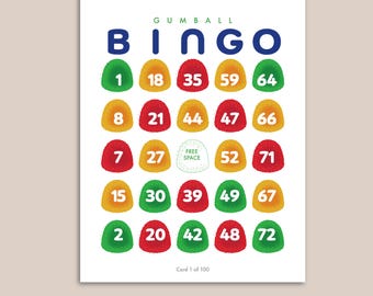 Gumdrop Bingo – Gioco del Bingo stampabile da 75 numeri / 100 cartelle uniche con caramelle gommose colorate / Download immediato