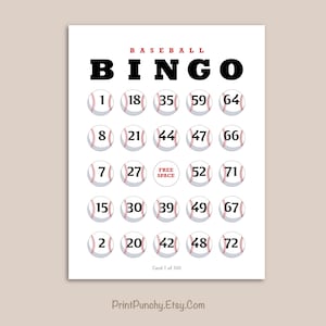 Op de afbeelding: Een witte Baseball Bingo-spelkaart met het woord BINGO in grote zwarte letters bovenaan. Het raster bevat vijf rijen en vijf kolommen met cirkels in honkbalthema, elk met een nummer, met een middelste cirkel met de tekst FREE SPACE.