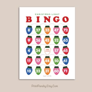 May include: A white Christmas Light Bingo card with colorful light bulb graphics. The word "BINGO" is in red at the top. Each light bulb contains a number. The card reads "Card 1 of 100" and the Etsy shop name is at the bottom.