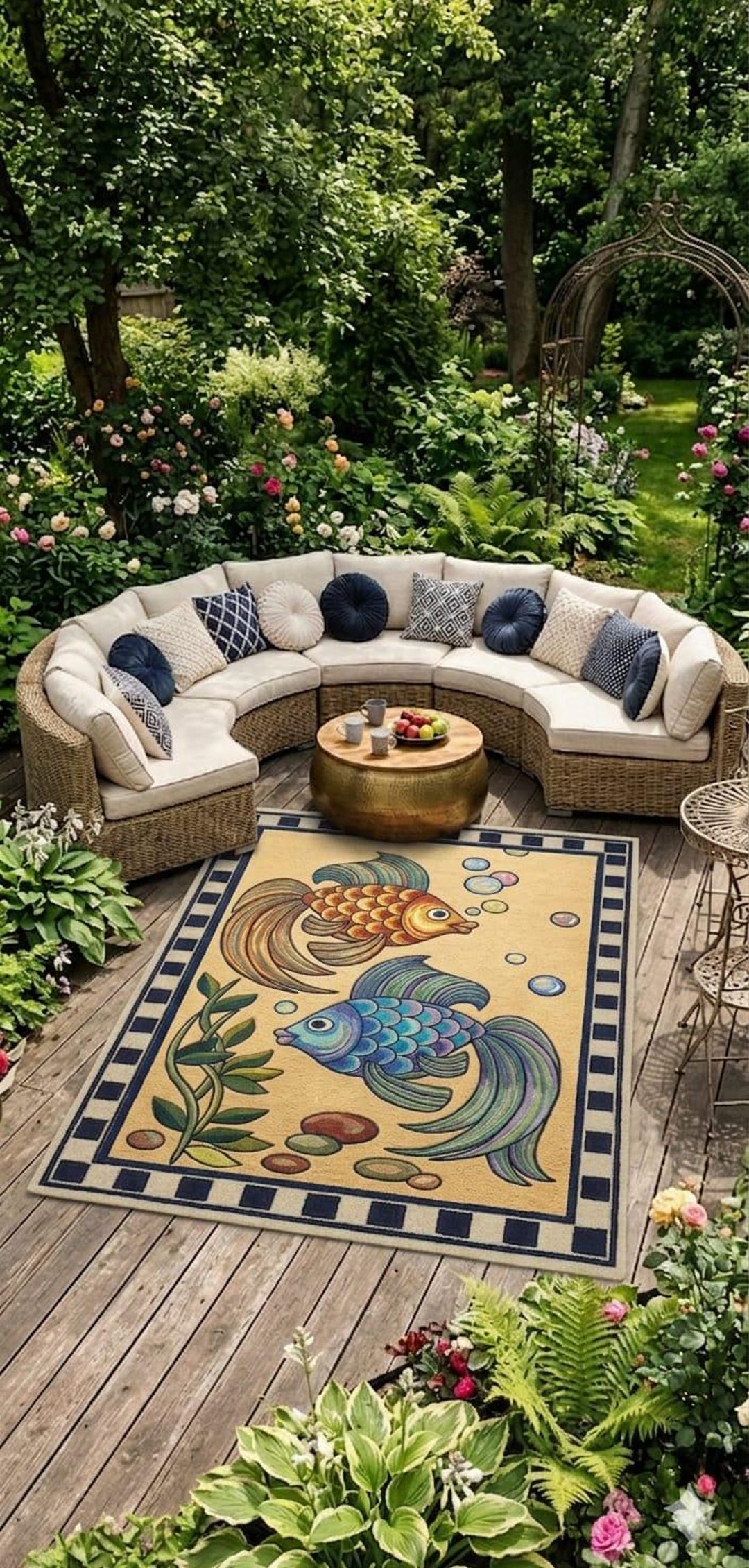 Hand-tufted Two Fish Area Rug – Navy Cream Minimalist Nautical Carpet ...