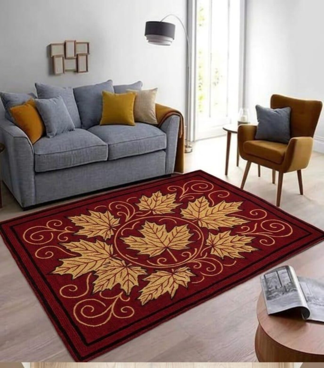 Hand-tufted Maple Leaf Mandala Rug – Autumn Red & Gold Wool Carpet - Etsy