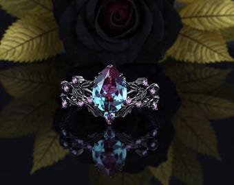 Anillo de compromiso gótico de alejandrita, anillo de bodas de oro negro con hoja de arce, anillo de bodas de amatista, conjunto nupcial único, anillo de promesa de alejandrita.