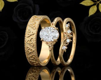 Oval Cut Moissanite Couple Promise Ring Set 18K Yellow Gold Celtic Knot His and Hers Wedding Band Platinum Crescent Engagement Bridal Ring