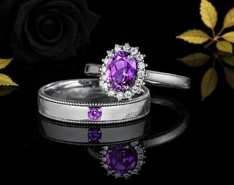 Oval Purple Amethyst His and Her Couples Promise Ring Gothic Amethyst Women's Men's Wedding Band 14K Black Gold Witchy Engagement Ring Set