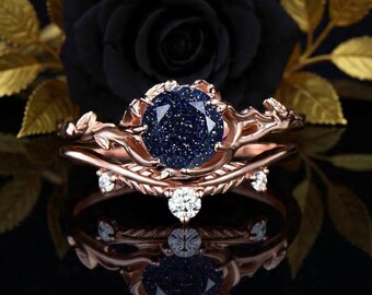 Branch Leaf Engagement Ring Round Cut Galaxy Blue Sandstone Ring Twig Blue Goldstone Solitaire Wedding Bridal Ring Set Nature Inspired Ring