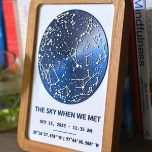 May include: Wooden framed print featuring a celestial map with constellations on a dark blue background. The text "THE SKY WHEN WE MET" is displayed, along with a date, time, and coordinates.