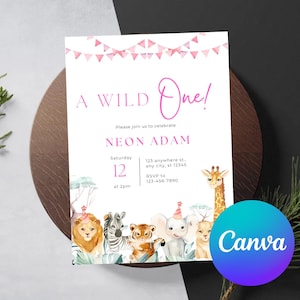 A Little Wild One is on the Way Safari Baby Shower Invitation, Jungle Theme Boy Shower, Greenery Clothesline Invite, Editable Canva Template