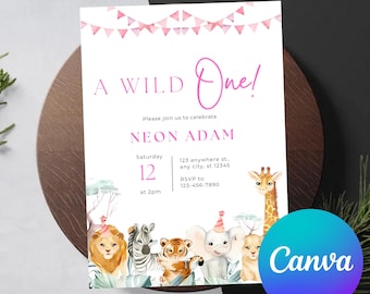 Invitación para baby shower con temática de safari y jungla, plantilla editable de Canva.