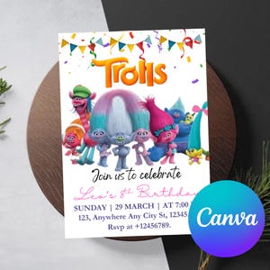 Trolls invitation, Trolls Birthday Invite Printable, Trolls Craziest Party Birthday Invitation, Digital Trolls Party Editable Template Canva