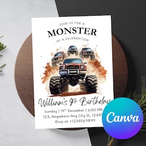 Editable Monster Truck Birthday Invitation Template, Monster Truck Invitation, Monster Truck Boys Birthday Template