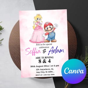 Editable Watercolor Super Mario Birthday Invitation, ANY AGE Nitendo Boy Girl Birthday Invite, Modern Mario Bross Game Invitation CANVA