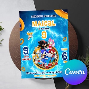 Sonic 3 Birthday Invitation, Super Hedgehog Boys Party Invite, Super Sonic Party Invitation, Editable Sonic Invite Template, Canva Template