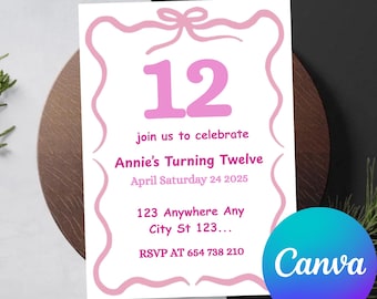 May include: A pink and white birthday invitation with the number 12 in the center. The invitation includes the text "join us to celebrate Annie's Turning Twelve" and event details. The Canva logo is in the bottom right corner.