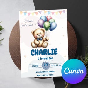 Bearbeitbare Beary Erster Geburtstag Einladung 1 Geburtstag Teddybär Einladen 1 Geburtstagsfeier einladen Digitaldruck Sofortiger Download Minimalistisch