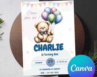 Teddy Bear 1st Birthday Invitation, Editable Party Invite (Digital Print)