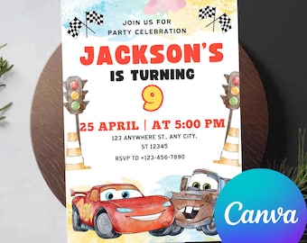 Lightning McQueen Birthday Invitation, Cars Theme, Canva Editable (Digital Invitation)
