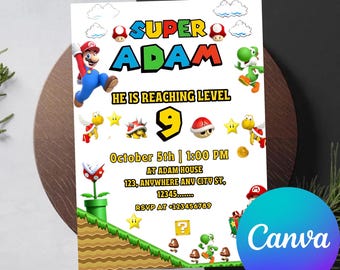 Super Mario-verjaardagsuitnodiging | Bewerkbare canva-sjabloon (digitale download)