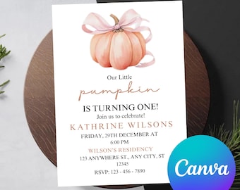 Pumpkin First Birthday Invitation, Girl, Fall Floral (Editable Digital Invite)