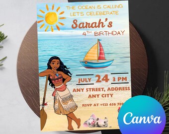 Moana Birthday Party Invitation, Editable Cartoon Invite (Digital)