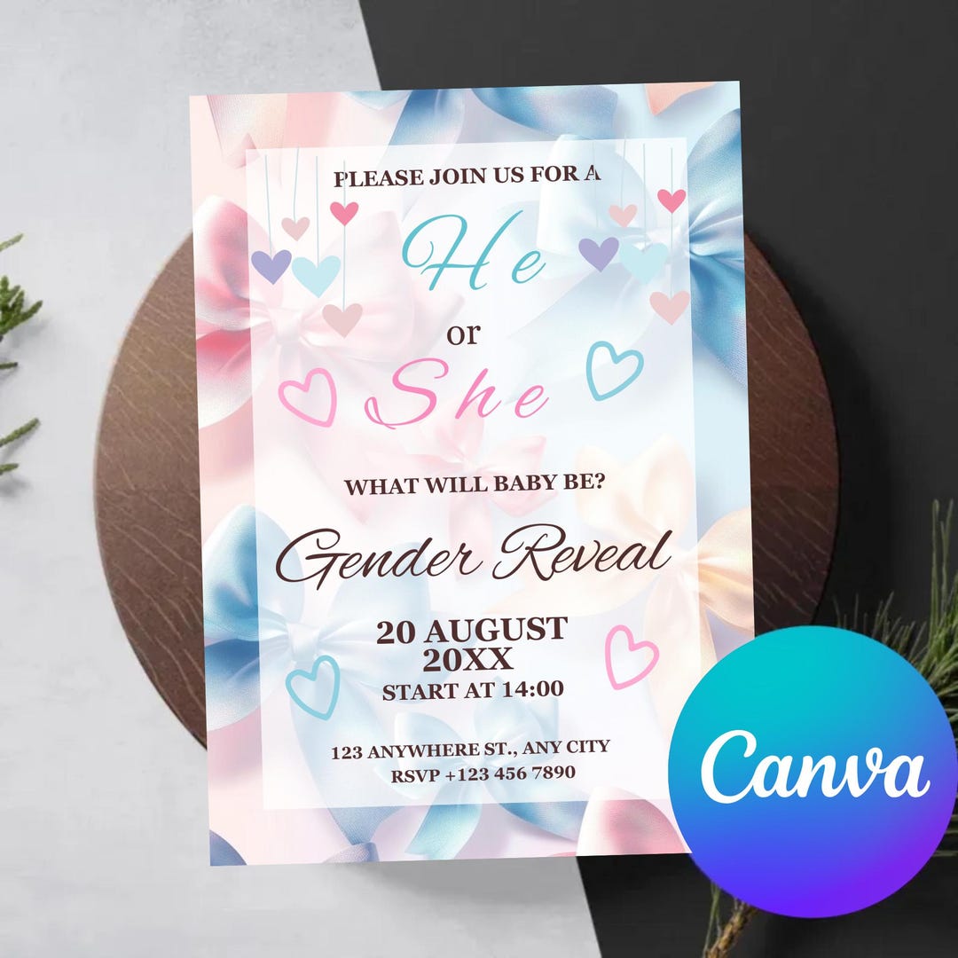 He or She Gender Reveal Invitation Editable Template Printable, Pink ...