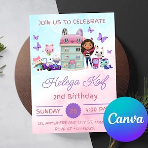 Op de afbeelding: Een verjaardagsfeestuitnodiging met een kleurrijk ontwerp. De uitnodiging bevat een cartoonhuis, personages en vlinders. De tekst luidt "Doe met ons mee om te vieren", "Helega Kaif", "2e verjaardag" en evenementdetails. Het Canva-logo staat rechtsonder.