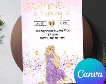 May include: A birthday party invitation with a princess illustration in a purple dress. The invitation reads "Jasmine is turning 5!" with event details: April 10, 3 PM, and RSVP information. The Canva logo is in the bottom right corner of the invitation.