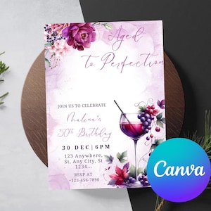 Editable Aged to Perfection Invitation, Wine Birthday Invitation, Winery Invitation, Fine Like Wine, Floral, Printable or Text Invite