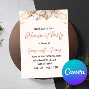 Convite para festa de aposentadoria no jardim, convite para festa de aposentadoria no verão, modelo editável do Canva para download instantâneo