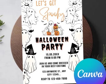 May include: A Halloween party invitation with the words "Let's Get Spooky" and "Halloween Party" in orange and black. The invitation features illustrations of ghosts, pumpkins, and bats. The date and time are included.