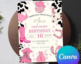 Editable Space Cowgirl Birthday Invitation, Disco Rodeo (Digital)