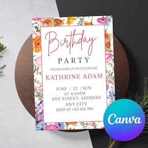 Wildflower Birthday Invite for Woman, Garden Party Invitation Editable, Floral Girls Birthday Canva Template