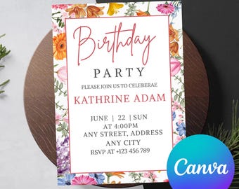 Pode incluir: Convite para festa de aniversário com design floral. O convite inclui as palavras "Birthday Party" em fonte cursiva, o nome "Kathrine Adam", data, hora e informações de RSVP. O design apresenta uma borda floral colorida.