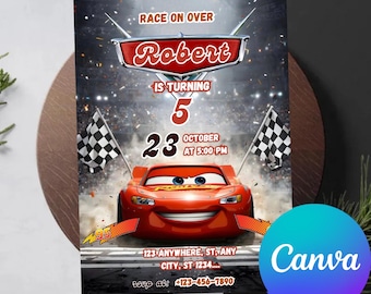 Lightning McQueen-Geburtstagseinladung, Thema Autos, Canva Bearbeitbar (Digitale Einladung)