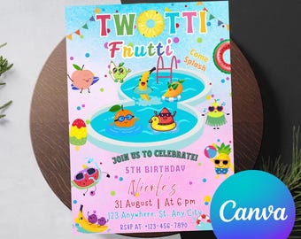 May include: A colorful birthday party invitation with the words "TWOTTI Frutti" and a pool scene with animated fruit characters. The invitation includes details for a 5th birthday celebration, with the Canva logo in the corner.