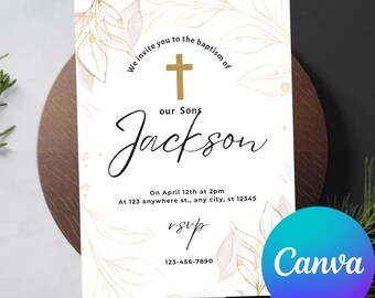 Wildflower Baptism Invitation Template, Ivory and Gold (Digital Download)