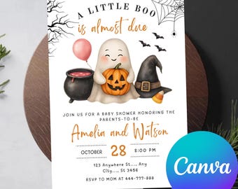 Faire-part d'Halloween pour baby shower, fantôme mignon, invitation numérique modifiable